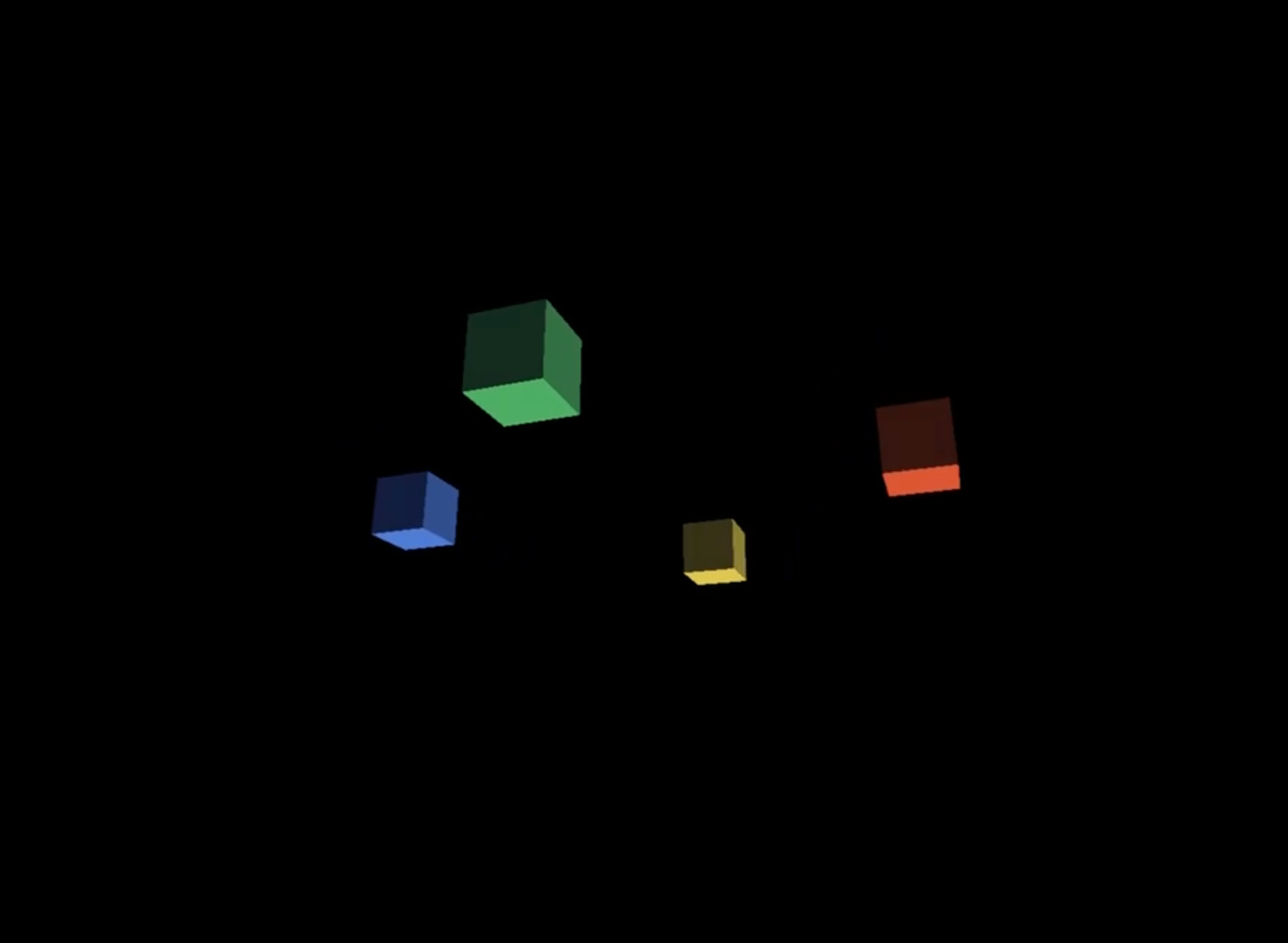 An early 3D rendering experiment with Ceramic: colored cubes floating on a black background