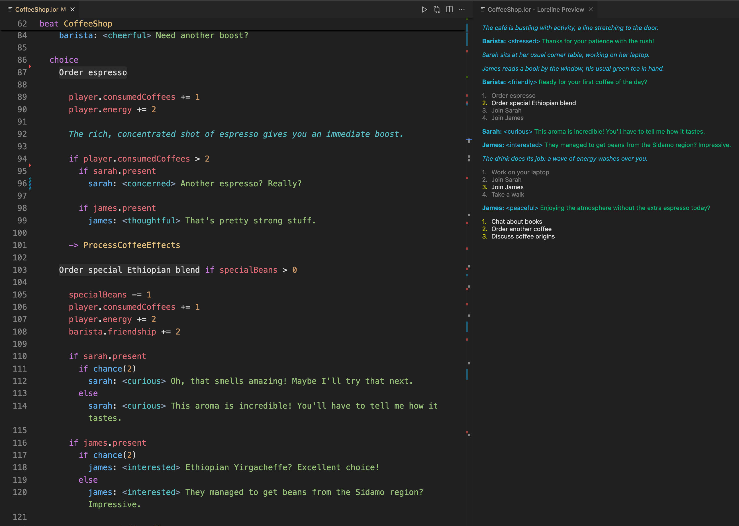 A screenshot of a loreline script edited within Visual Studio Code